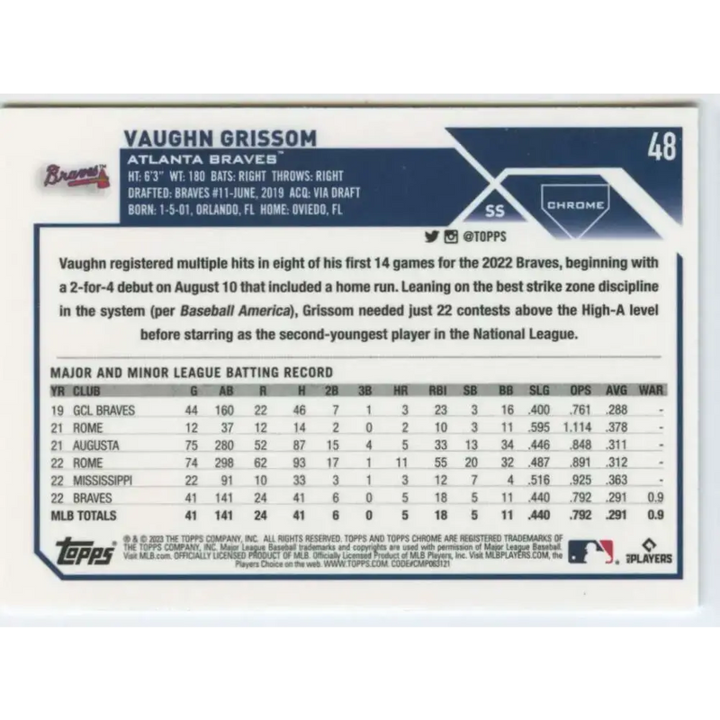2023 Topps Chrome #48 Vaughn Grissom NM-MT RC Rookie Atlanta Braves Baseball Card - Baseball Card Single
