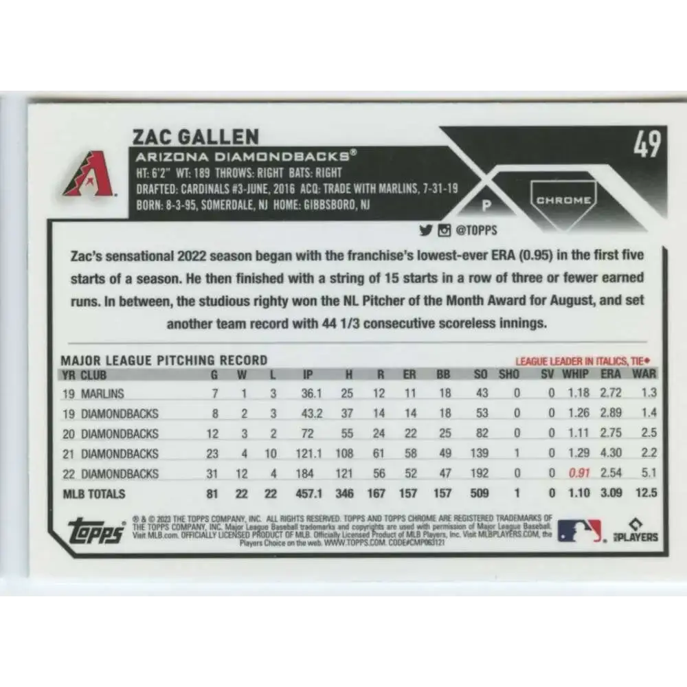 2023 Topps Chrome #49 Zac Gallen NM-MT Arizona Diamondbacks Baseball Card - Baseball Card Single