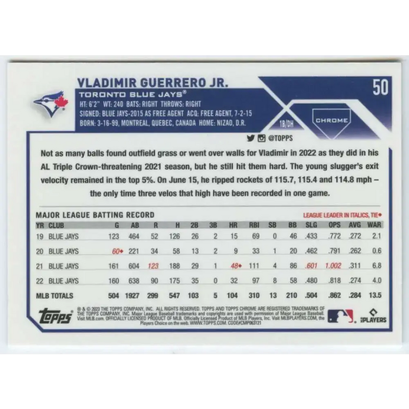 2023 Topps Chrome #50 Vladimir Guerrero Jr. NM-MT Toronto Blue Jays Baseball Card - Baseball Card Single