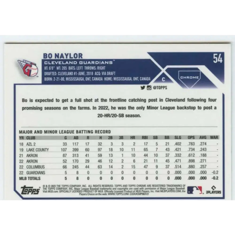 2023 Topps Chrome #54 Bo Naylor NM-MT RC Rookie Cleveland Guardians Baseball Card - Baseball Card Single
