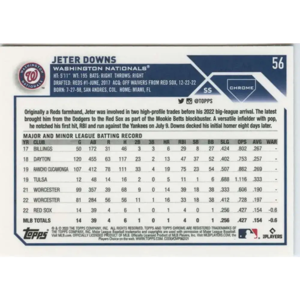 2023 Topps Chrome #56 Jeter Downs NM-MT RC Rookie Washington Nationals Baseball Card - Baseball Card Single