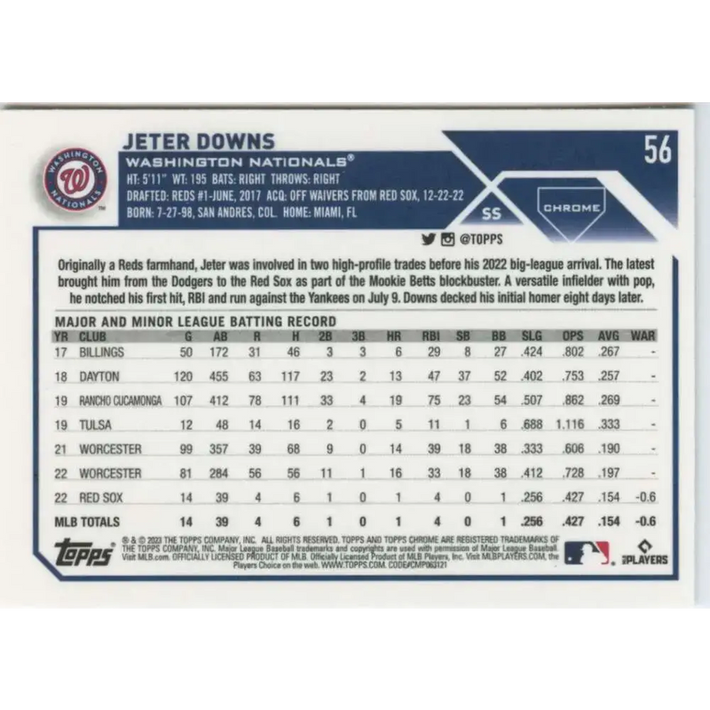 2023 Topps Chrome #56 Jeter Downs NM-MT RC Rookie Washington Nationals Baseball Card - Baseball Card Single