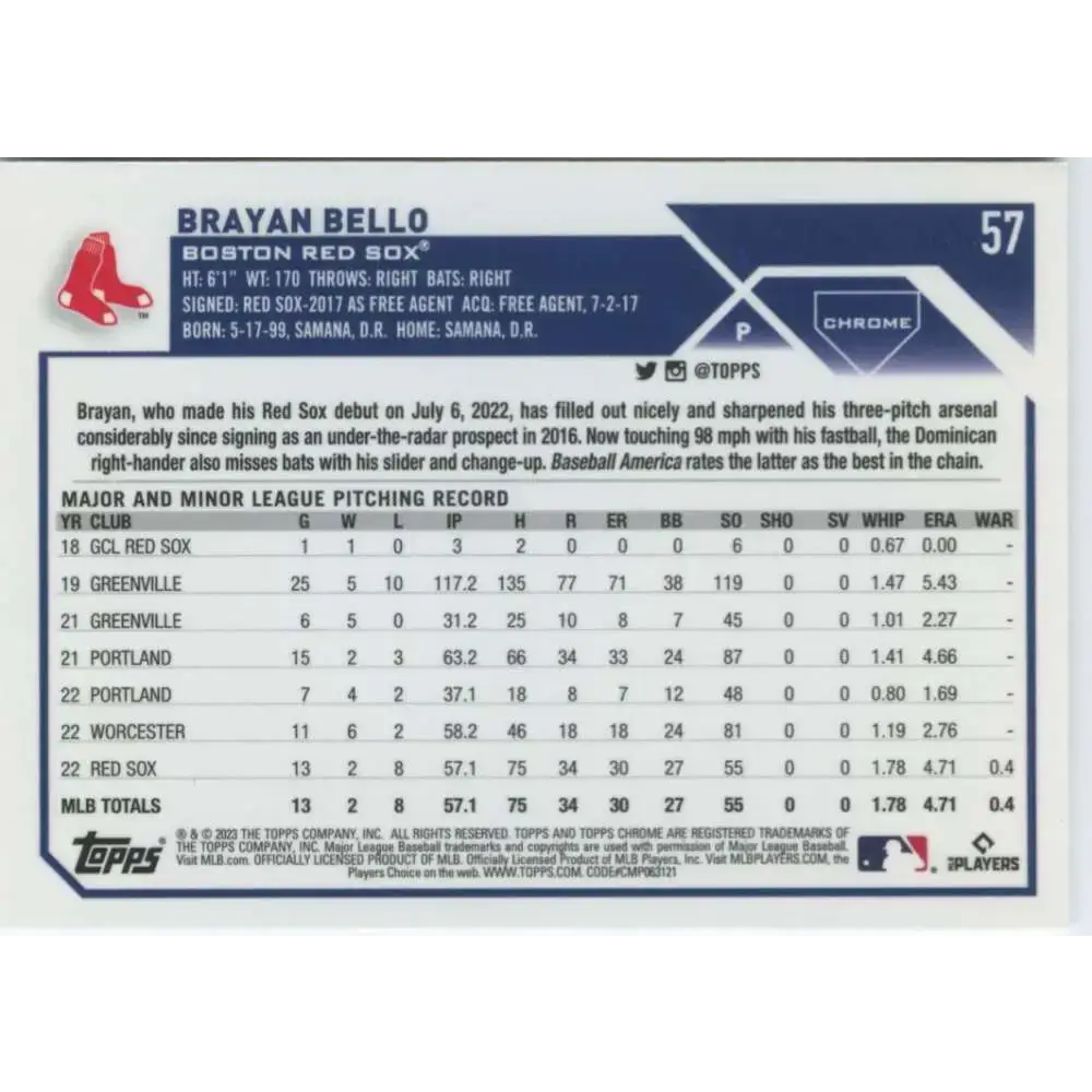 2023 Topps Chrome #57 Brayan Bello NM-MT RC Rookie Boston Red Sox Baseball Card - Baseball Card Single