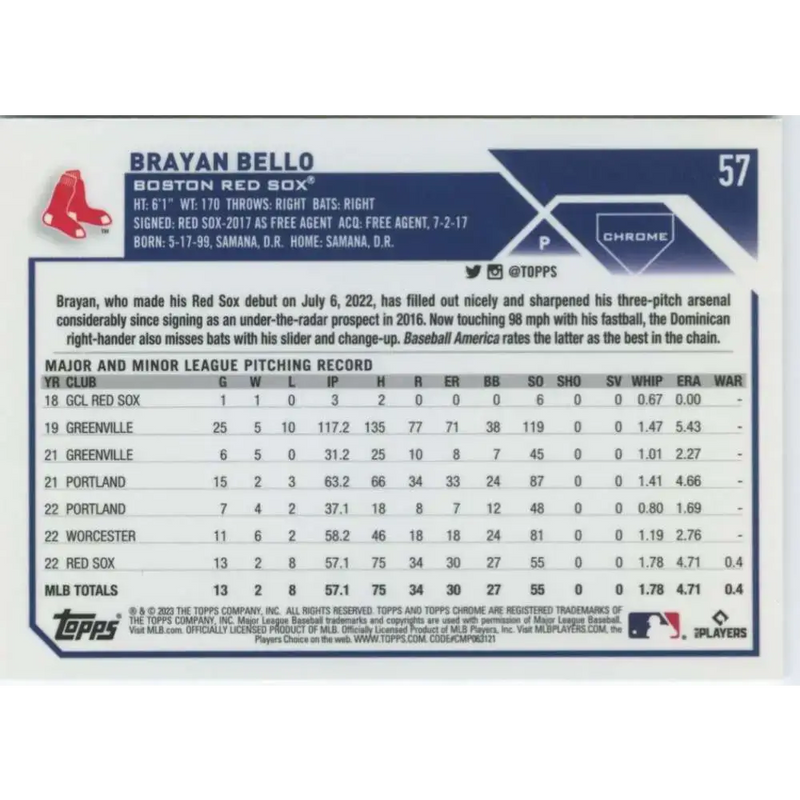 2023 Topps Chrome #57 Brayan Bello NM-MT RC Rookie Boston Red Sox Baseball Card - Baseball Card Single