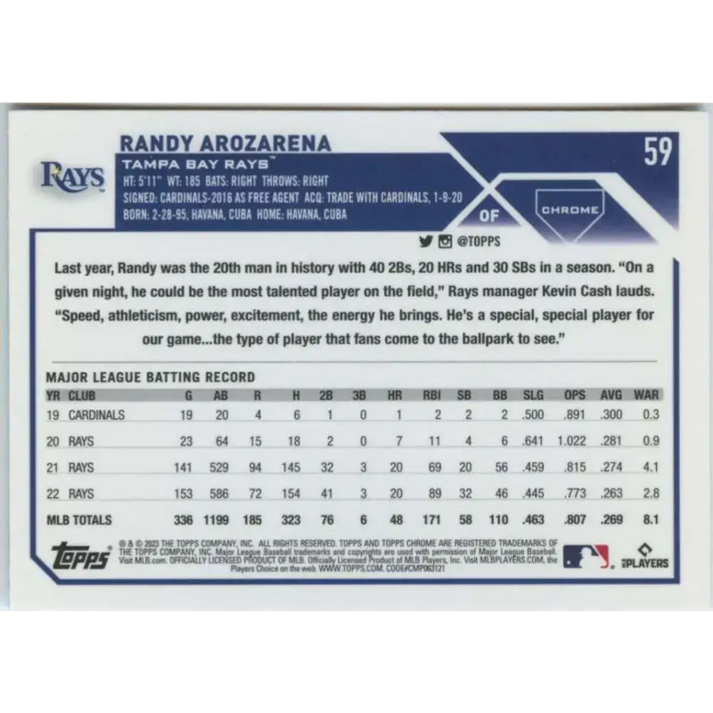 2023 Topps Chrome #59 Randy Arozarena NM-MT Tampa Bay Rays Baseball Card - Baseball Card Single