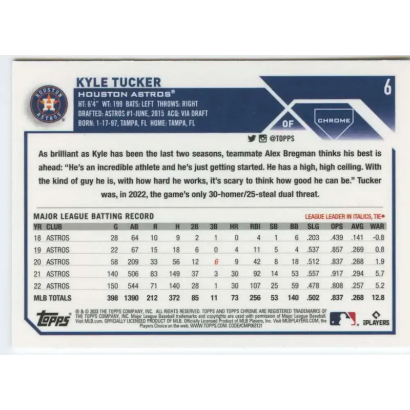 2023 Topps Chrome #6 Kyle Tucker NM-MT Houston Astros Baseball Card - Baseball Card Single