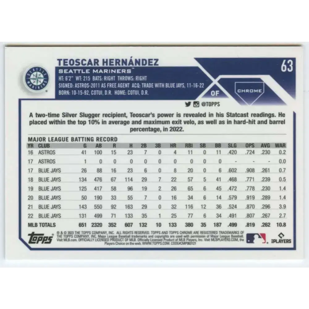 2023 Topps Chrome #63 Teoscar Hernandez NM-MT Seattle Mariners Baseball Card - Baseball Card Single