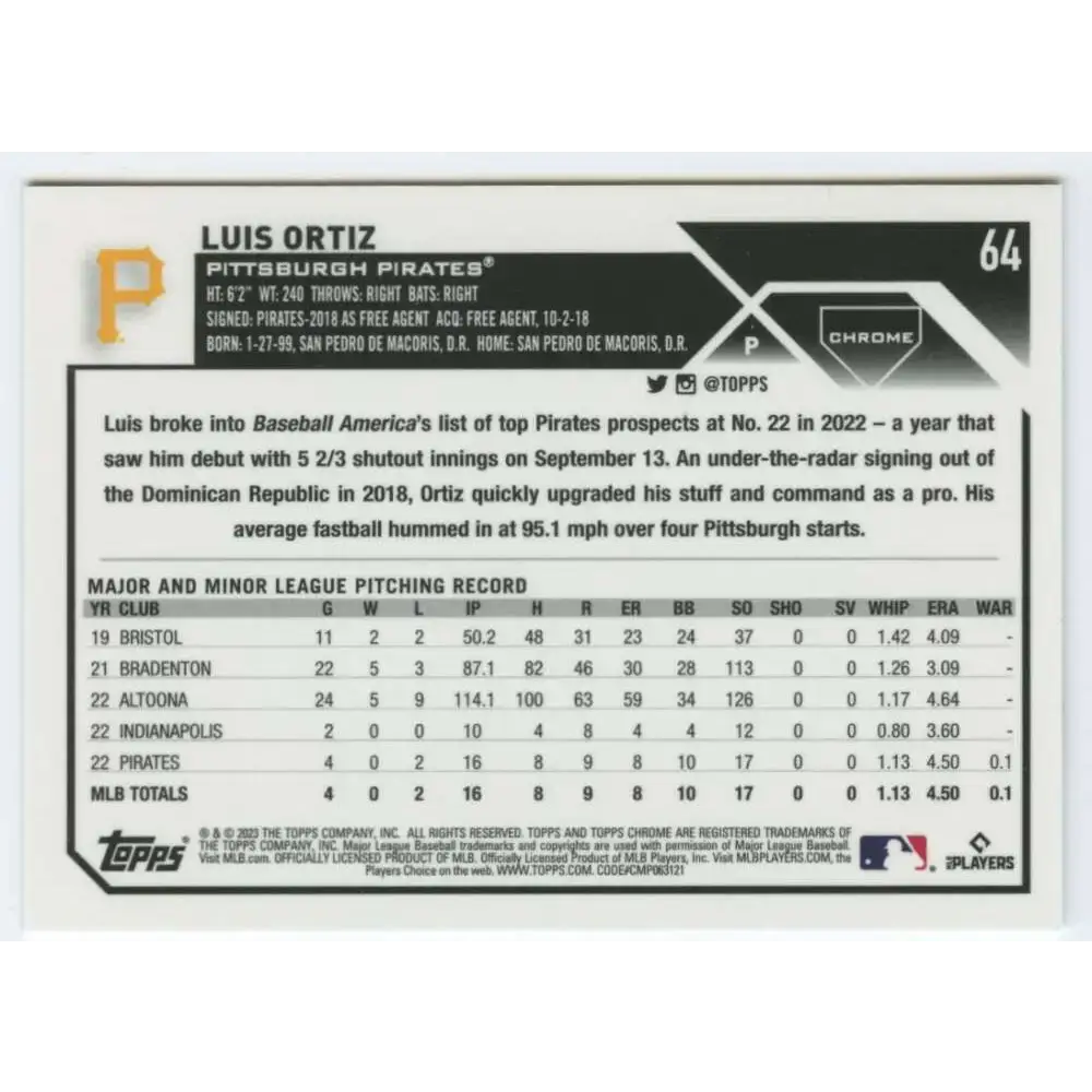 2023 Topps Chrome #64 Luis Ortiz NM-MT RC Rookie Pittsburgh Pirates Baseball Card - Baseball Card Single