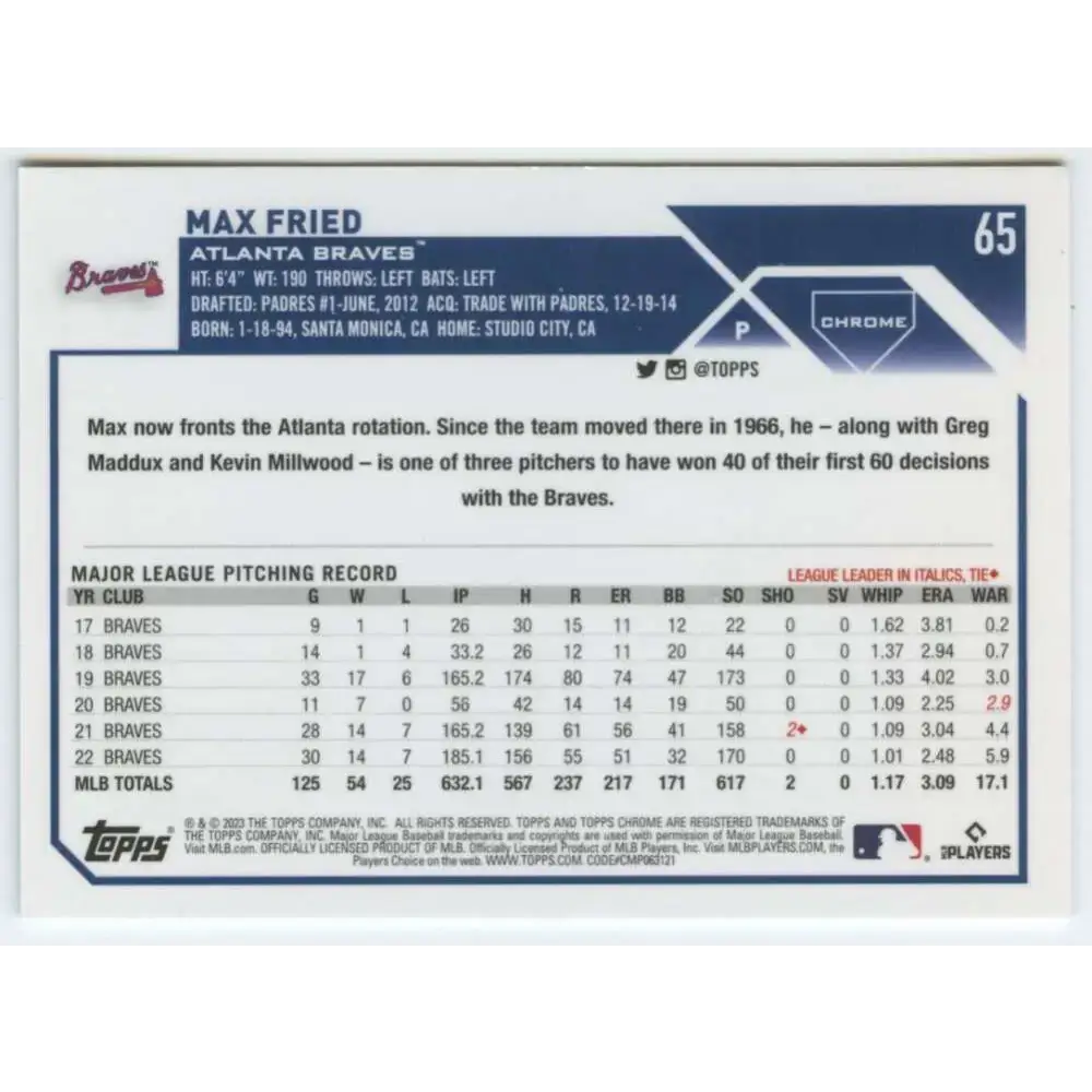 2023 Topps Chrome #65 Max Fried NM-MT Atlanta Braves Baseball Card - Baseball Card Single