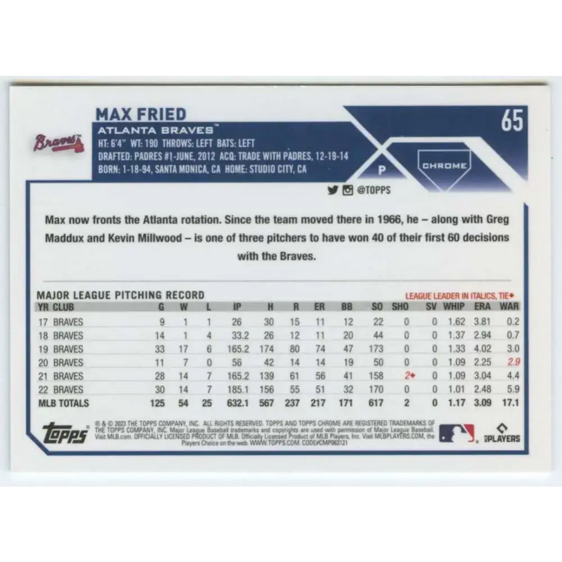 2023 Topps Chrome #65 Max Fried NM-MT Atlanta Braves Baseball Card - Baseball Card Single