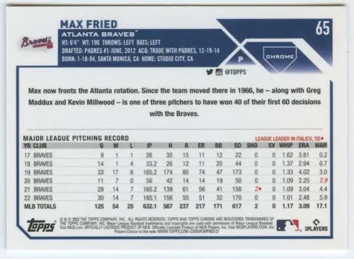 Original gloss 2023 Topps Chrome Max Fried baseball card Braves ID 59329