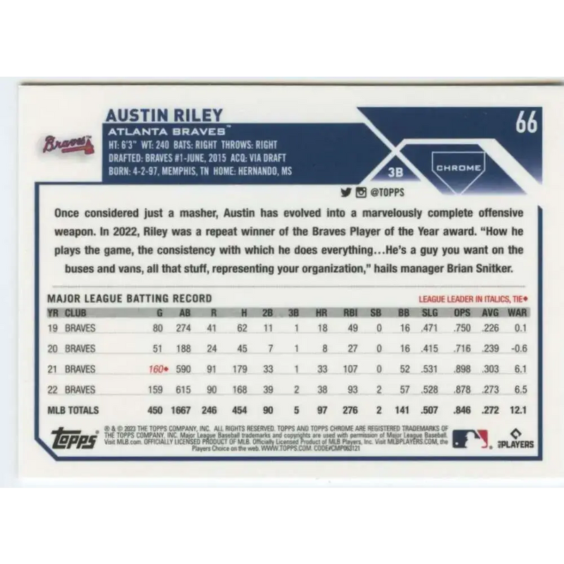 2023 Topps Chrome #66 Austin Riley NM-MT Atlanta Braves Baseball Card - Baseball Card Single