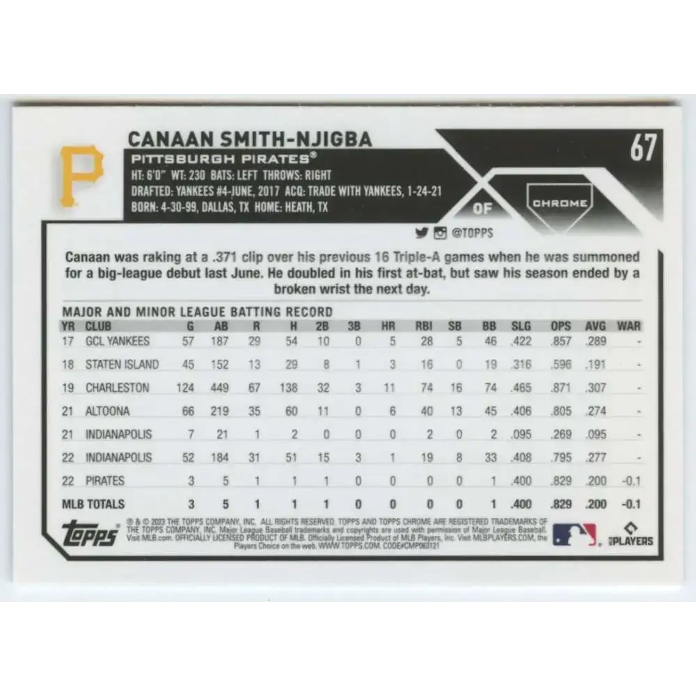 2023 Topps Chrome #67 Canaan Smith-Njigba NM-MT RC Rookie Pittsburgh Pirates Baseball Card - Baseball Card Single