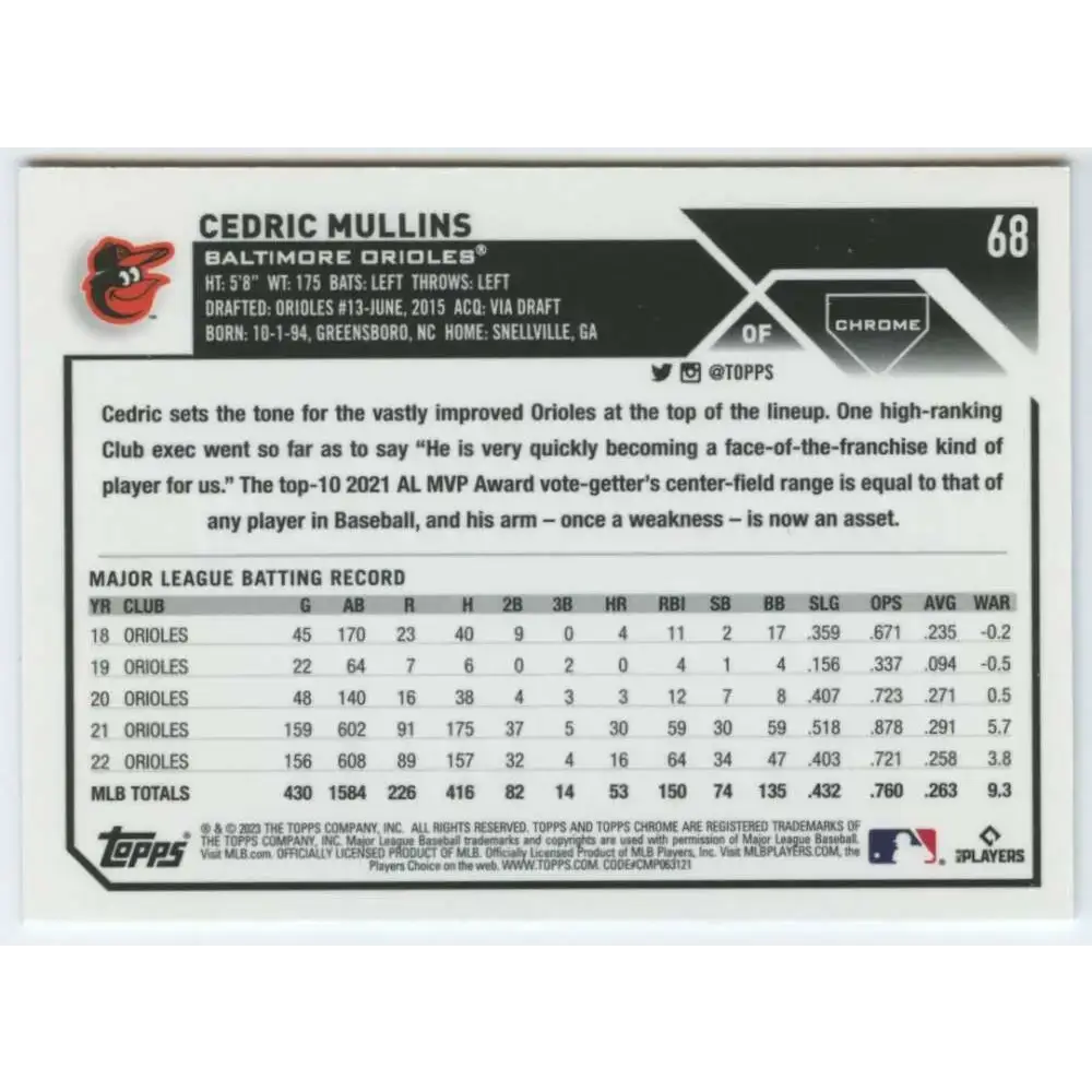 2023 Topps Chrome #68 Cedric Mullins NM-MT Baltimore Orioles Baseball Card - Baseball Card Single