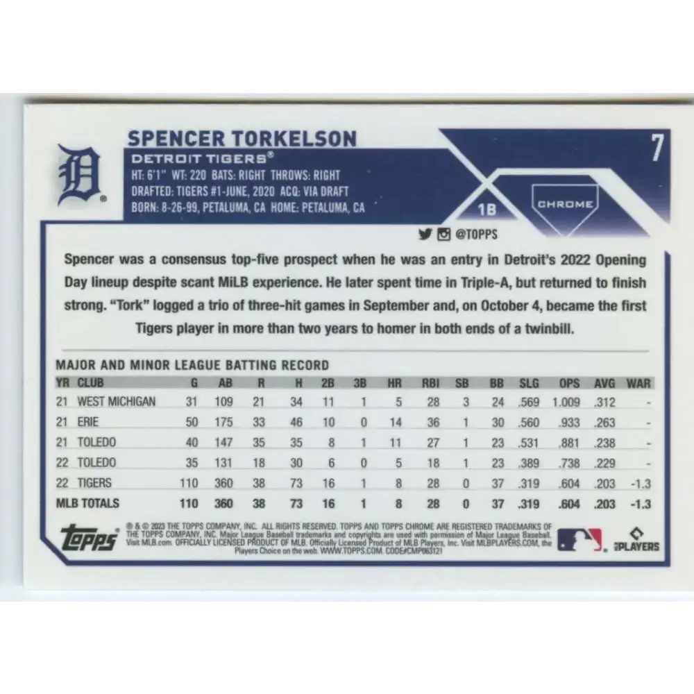2023 Topps Chrome #7 Spencer Torkelson NM-MT Detroit Tigers Baseball Card - Baseball Card Single
