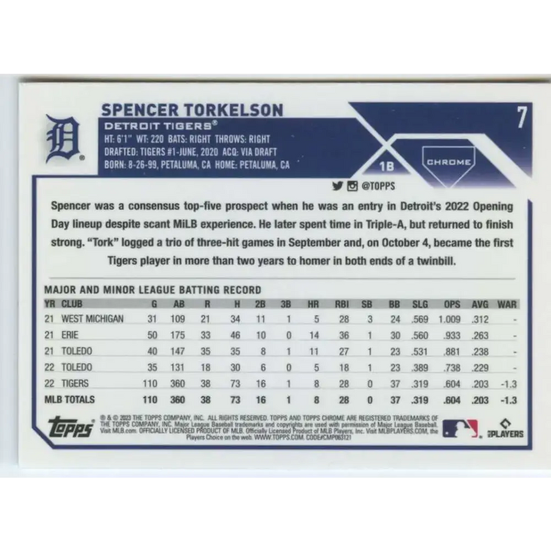 2023 Topps Chrome #7 Spencer Torkelson NM-MT Detroit Tigers Baseball Card - Baseball Card Single