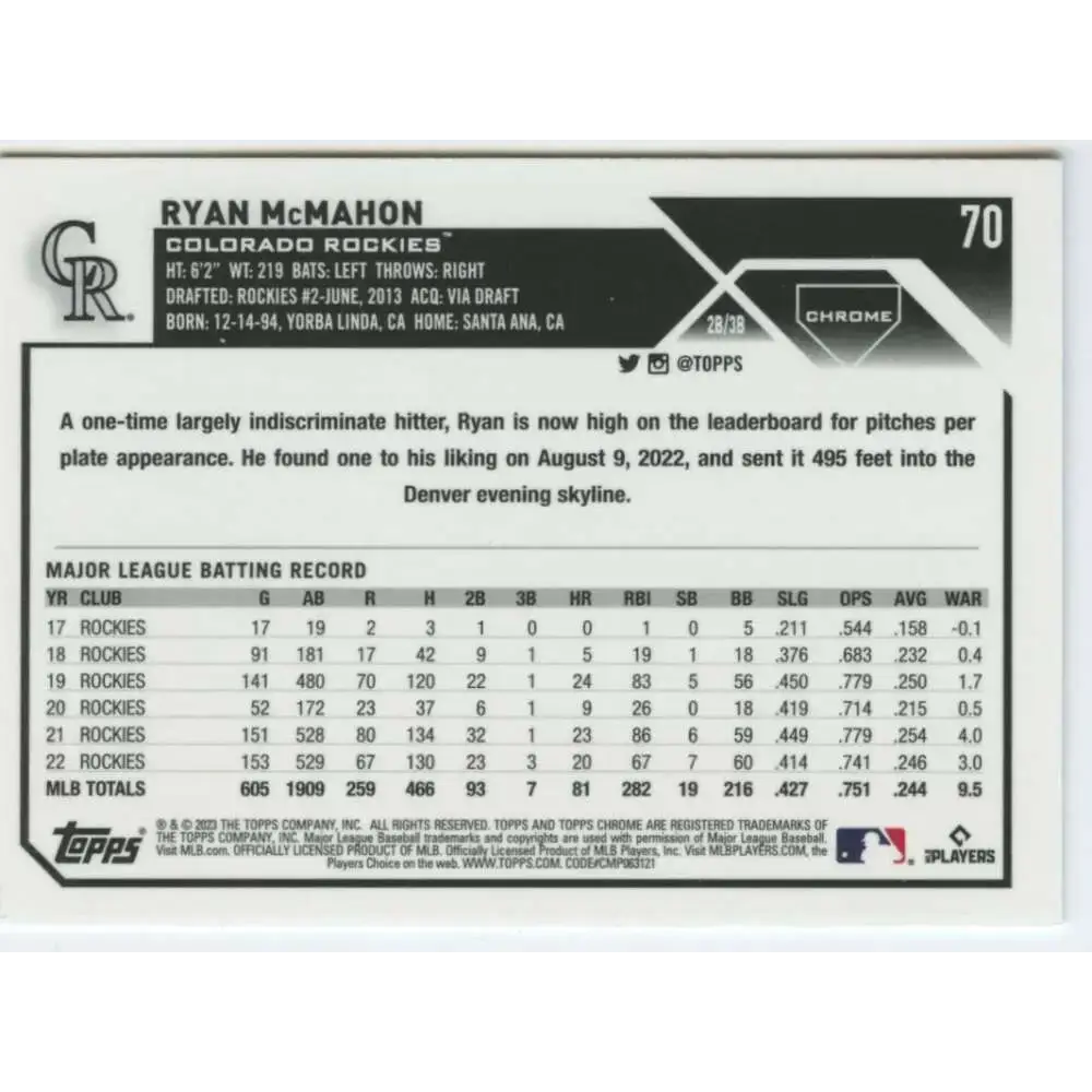 2023 Topps Chrome #70 Ryan McMahon NM-MT Colorado Rockies Baseball Card - Baseball Card Single