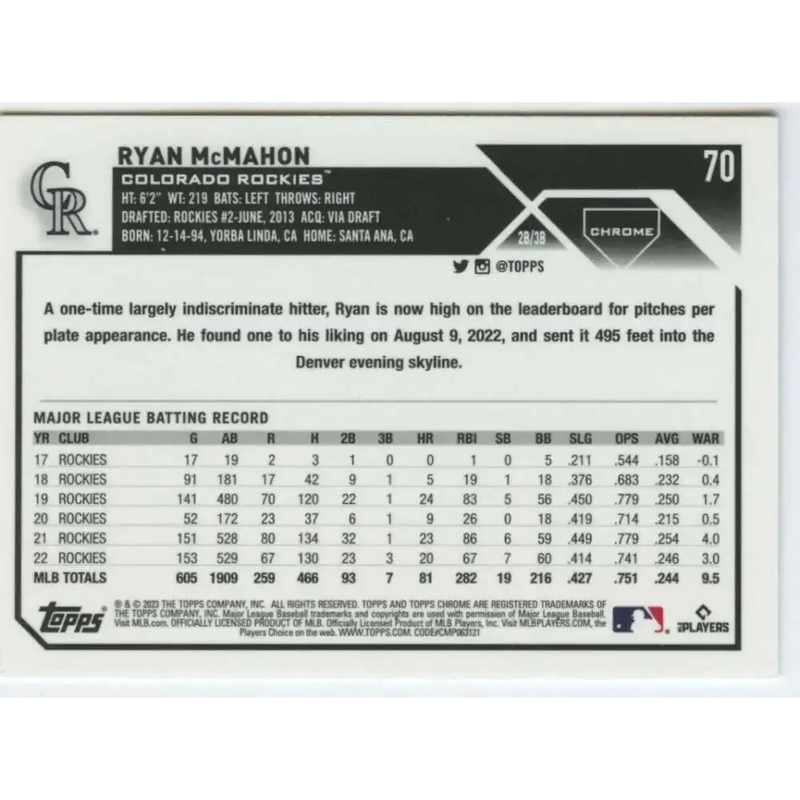 2023 Topps Chrome #70 Ryan McMahon NM-MT Colorado Rockies Baseball Card - Baseball Card Single