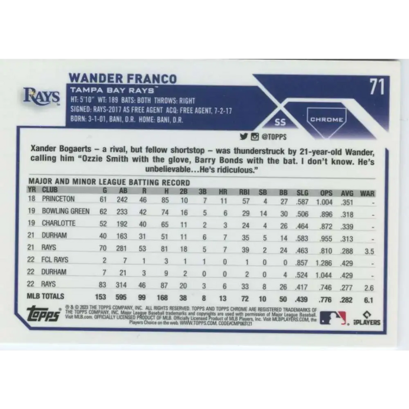 2023 Topps Chrome #71 Wander Franco NM-MT Tampa Bay Rays Baseball Card - Baseball Card Single
