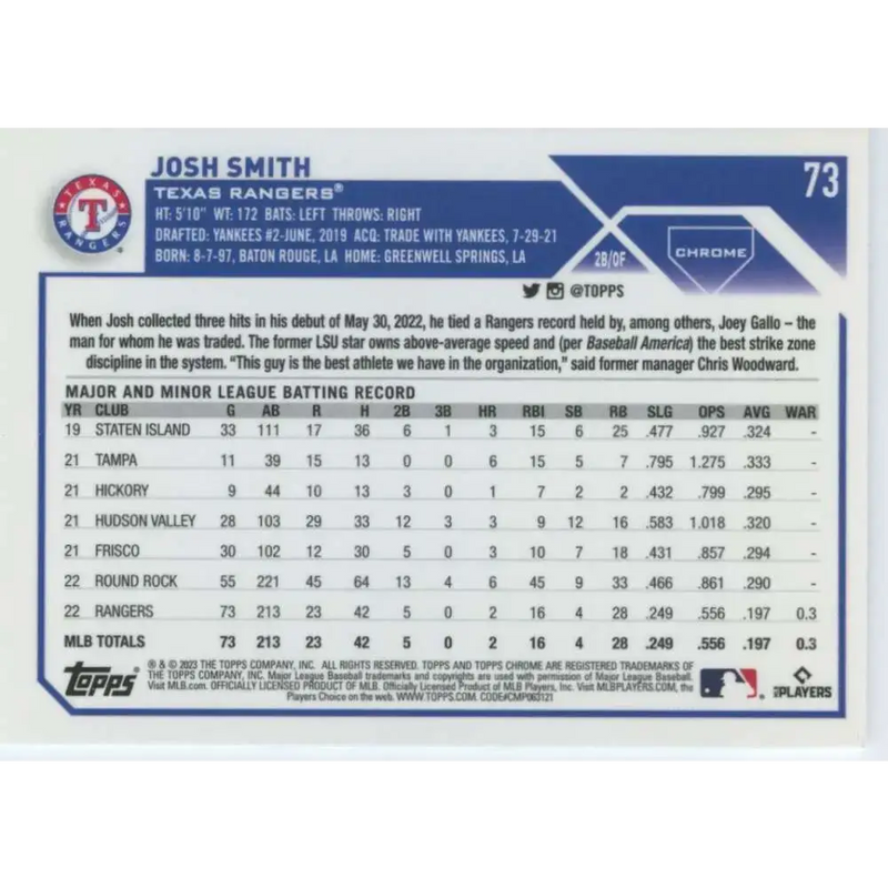 2023 Topps Chrome #73 Josh Smith NM-MT RC Rookie Texas Rangers Baseball Card - Baseball Card Single