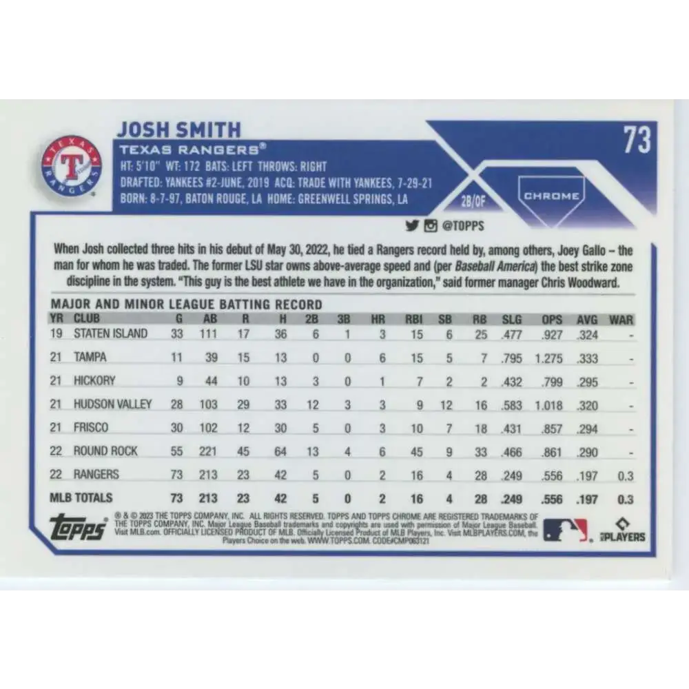 2023 Topps Chrome #73 Josh Smith NM-MT RC Rookie Texas Rangers Baseball Card - Baseball Card Single