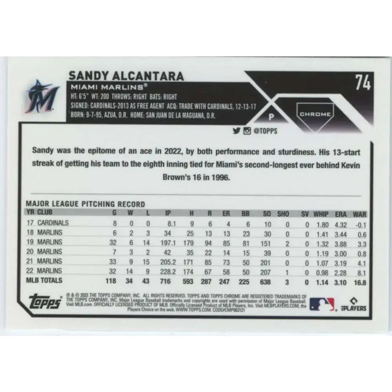 2023 Topps Chrome #74 Sandy Alcantara NM-MT Miami Marlins Baseball Card - Baseball Card Single