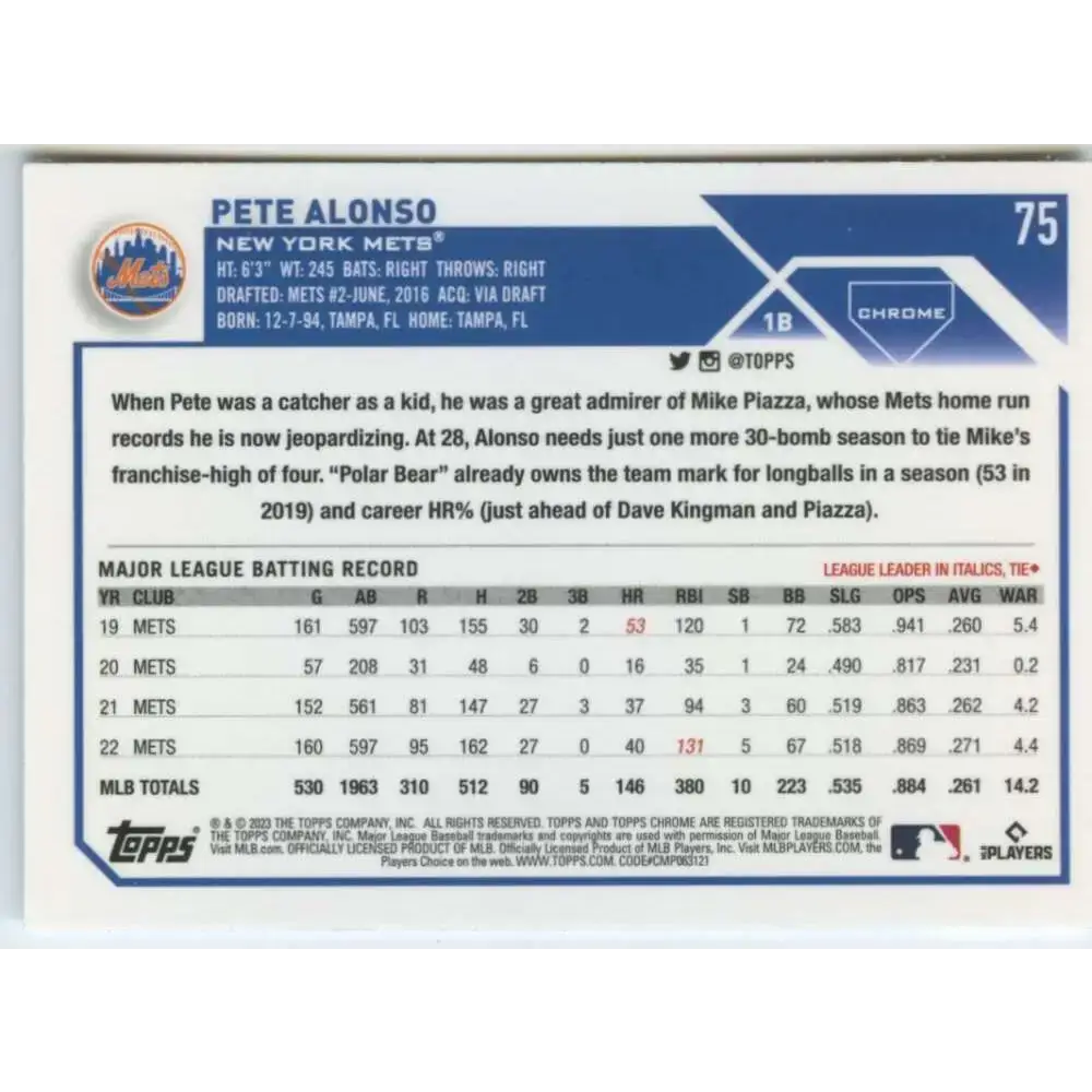2023 Topps Chrome #75 Pete Alonso NM-MT New York Mets Baseball Card - Baseball Card Single