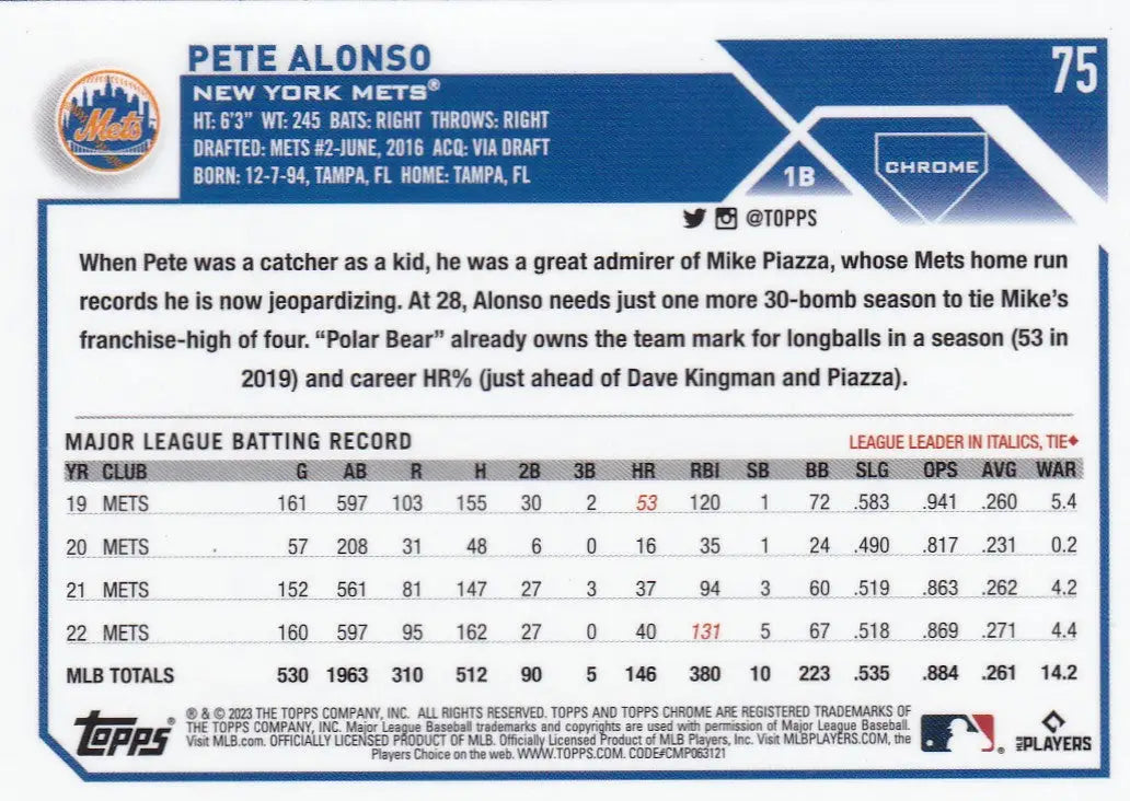 2023 TOPPS CHROME #75 PETE ALONSO REFRACTOR- NEW YORK METS - Baseball Card Single