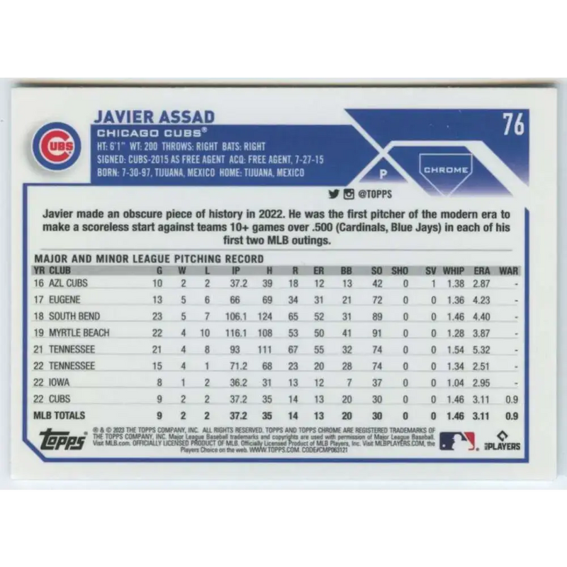 2023 Topps Chrome #76 Javier Assad NM-MT RC Rookie Chicago Cubs Baseball Card - Baseball Card Single