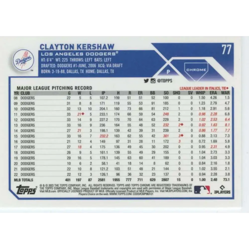 2023 Topps Chrome #77 Clayton Kershaw NM-MT Los Angeles Dodgers Baseball Card - Baseball Card Single