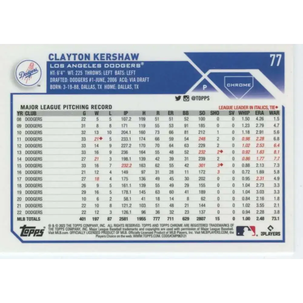 2023 Topps Chrome #77 Clayton Kershaw NM-MT Los Angeles Dodgers Baseball Card - Baseball Card Single