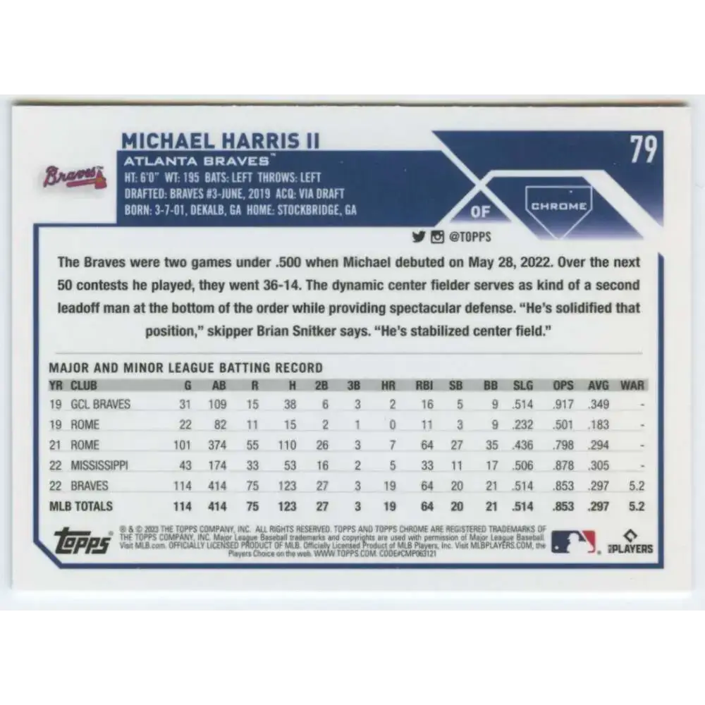 2023 Topps Chrome #79 Michael Harris II NM-MT RC Rookie Atlanta Braves Baseball Card - Baseball Card Single
