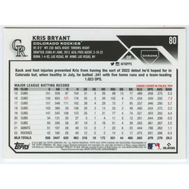 2023 Topps Chrome #80 Kris Bryant NM-MT Colorado Rockies Baseball Card - Baseball Card Single