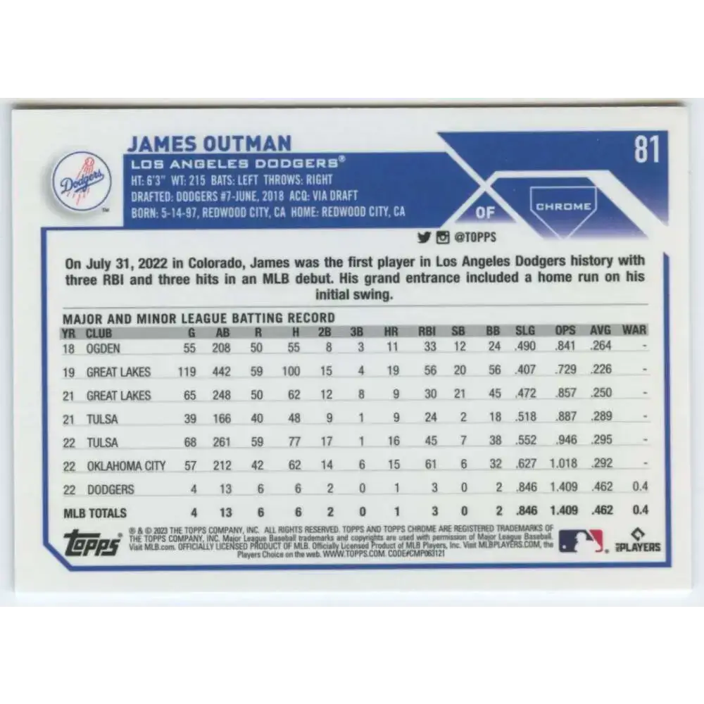 2023 Topps Chrome #81 James Outman NM-MT RC Rookie Los Angeles Dodgers Baseball Card - Baseball Card Single