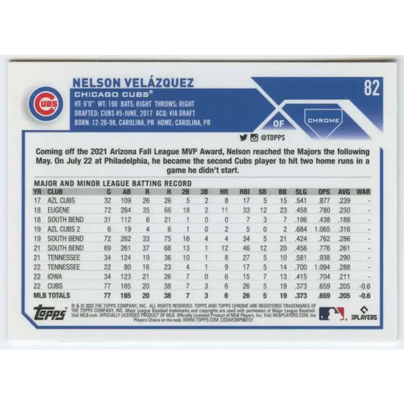 2023 Topps Chrome #82 Nelson Velazquez NM-MT RC Rookie Chicago Cubs Baseball Card - Baseball Card Single