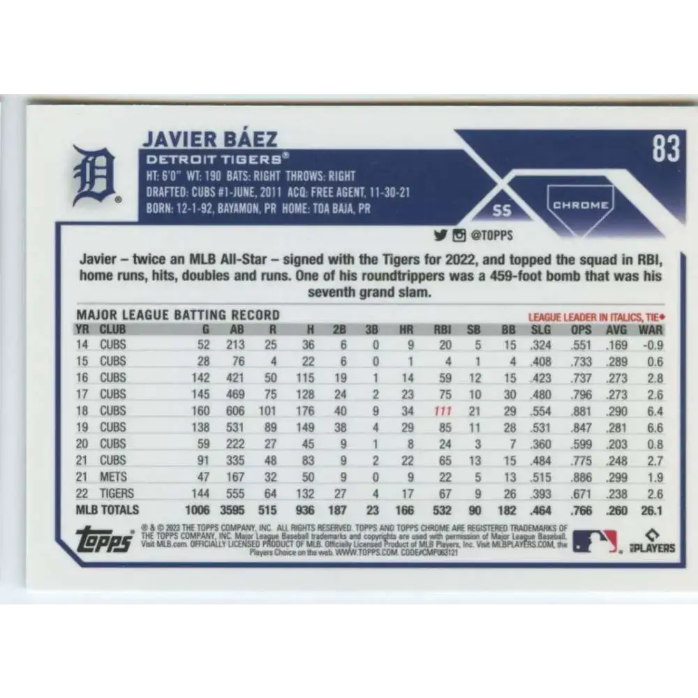 2023 Topps Chrome #83 Javier Baez NM-MT Detroit Tigers Baseball Card - Baseball Card Single