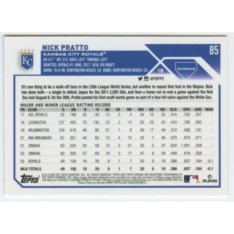 2023 Topps Chrome #85 Nick Pratto NM-MT RC Rookie Kansas City Royals Baseball Card - Baseball Card Single