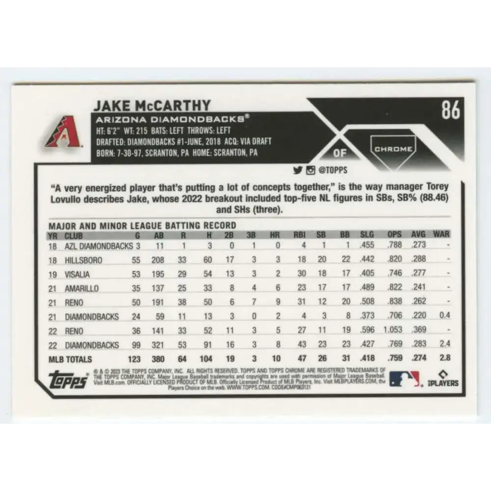 2023 Topps Chrome #86 Jake McCarthy NM-MT Arizona Diamondbacks Baseball Card - Baseball Card Single