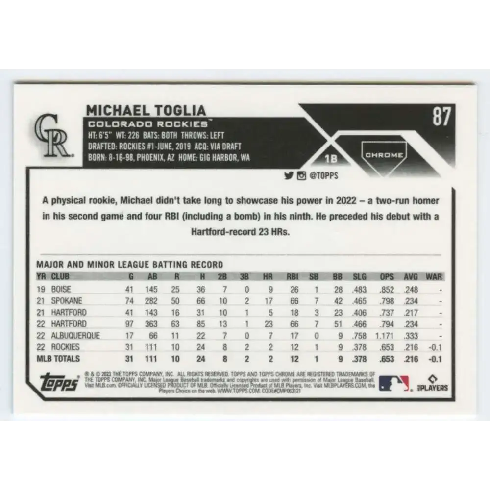 2023 Topps Chrome #87 Michael Toglia NM-MT RC Rookie Colorado Rockies Baseball Card - Baseball Card Single