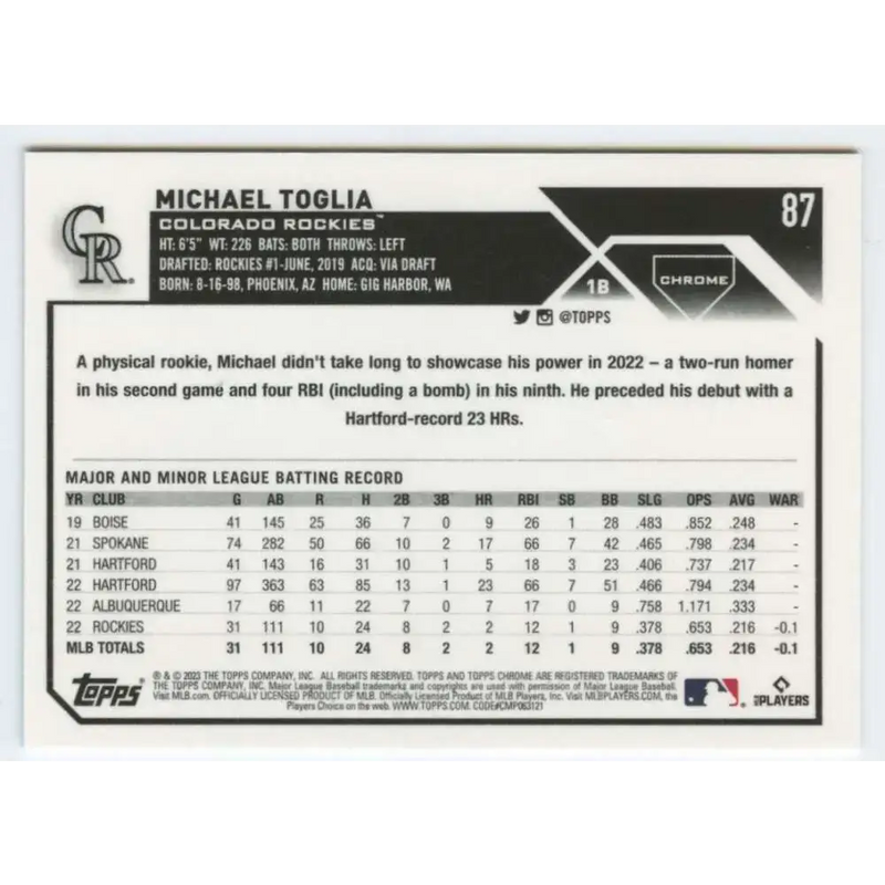 2023 Topps Chrome #87 Michael Toglia NM-MT RC Rookie Colorado Rockies Baseball Card - Baseball Card Single