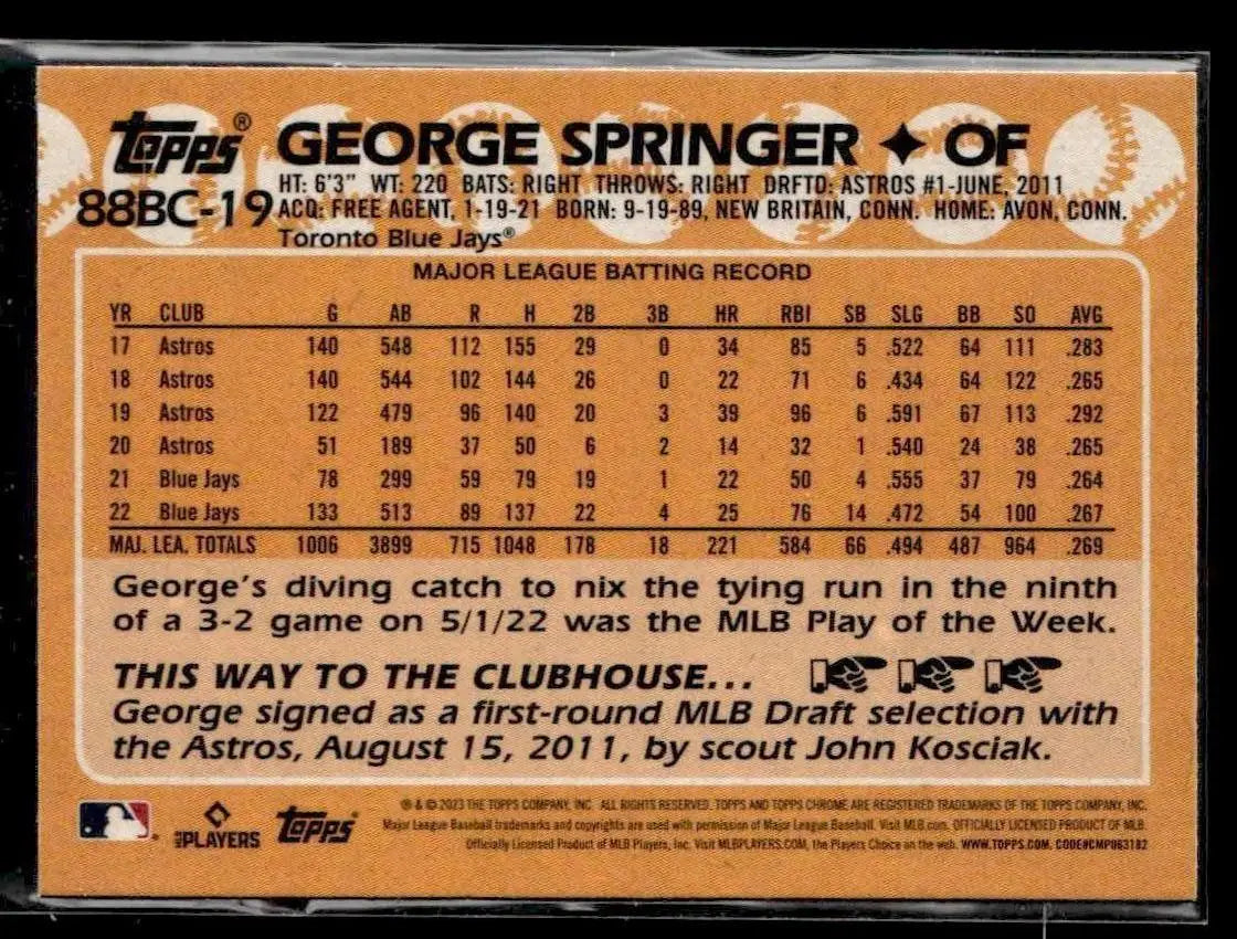 2023 Topps Chrome #88BC-19 George Springer 1988 Topps Baseball 35th Anniversary - Baseball Card Single