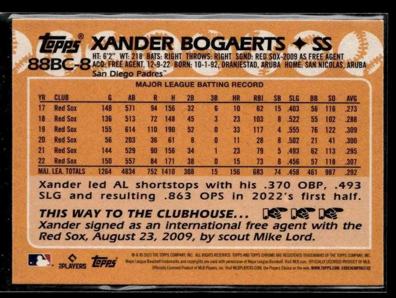 2023 Topps Chrome #88BC-8 Xander Bogaerts 1988 Topps Baseball 35th Anniversary - Baseball Card Single