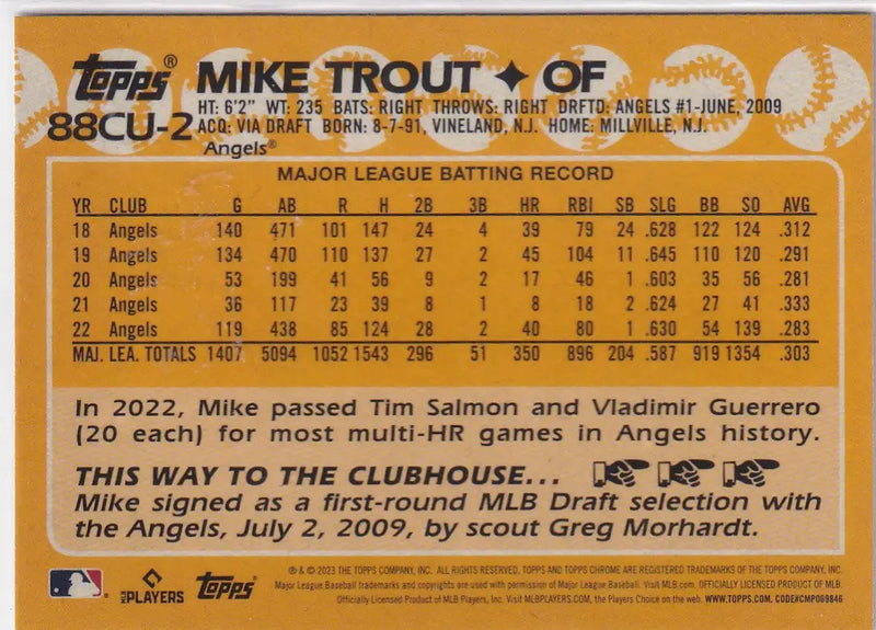 2023 TOPPS CHROME #88CU-2 MIKE TROUT REFRACTOR- ANGELS