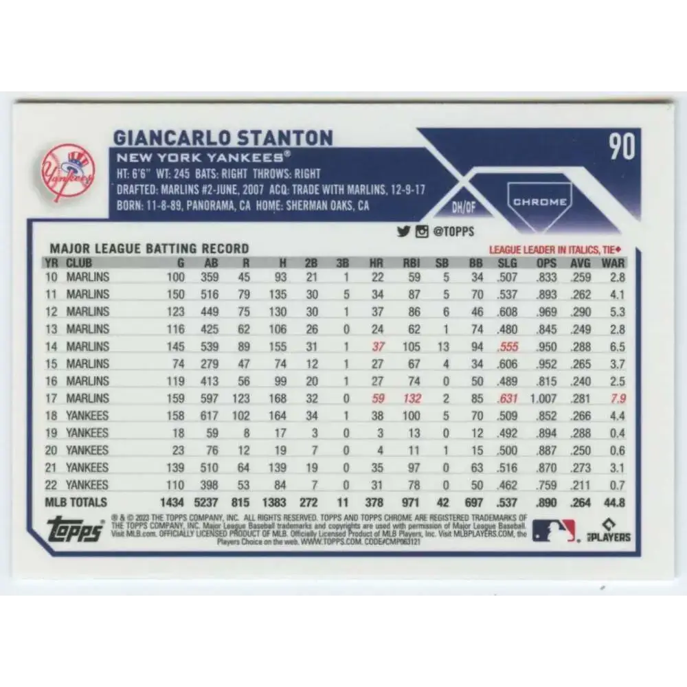 2023 Topps Chrome #90 Giancarlo Stanton NM-MT New York Yankees Baseball Card - Baseball Card Single