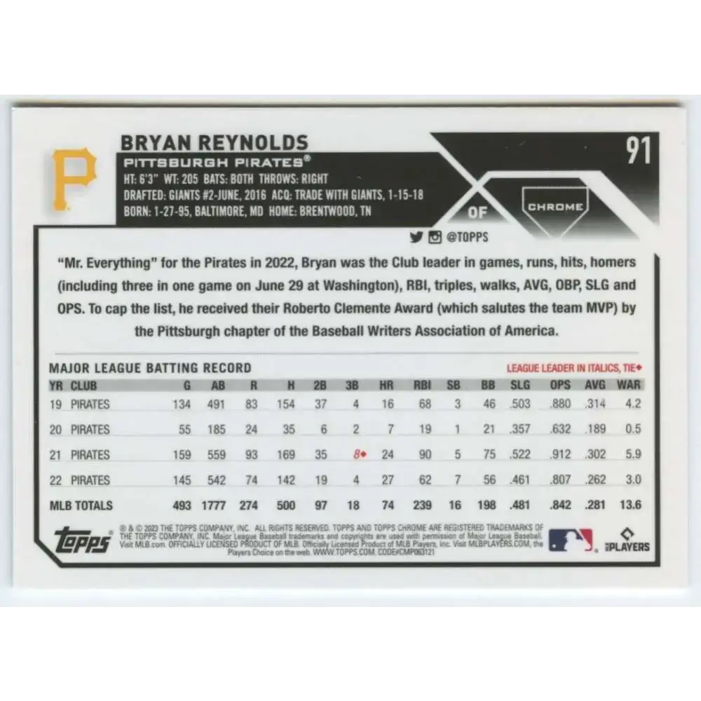 2023 Topps Chrome #91 Bryan Reynolds NM-MT Pittsburgh Pirates Baseball Card - Baseball Card Single
