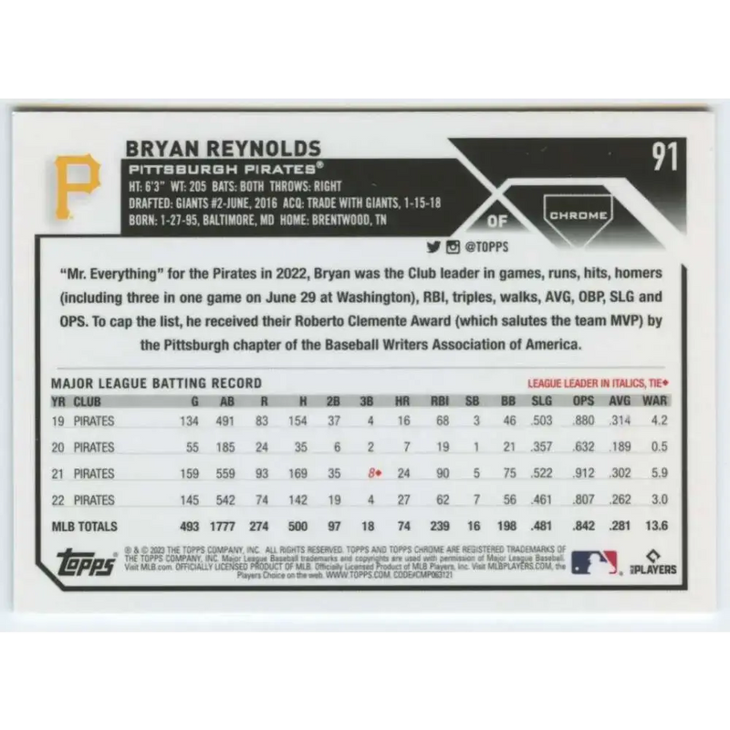 2023 Topps Chrome #91 Bryan Reynolds NM-MT Pittsburgh Pirates Baseball Card - Baseball Card Single