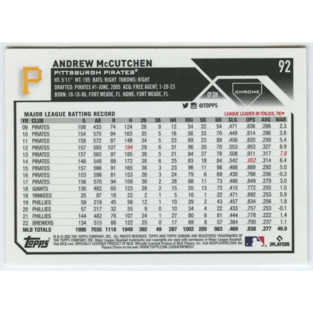 2023 Topps Chrome #92 Andrew McCutchen NM-MT Pittsburgh Pirates Baseball Card - Baseball Card Single