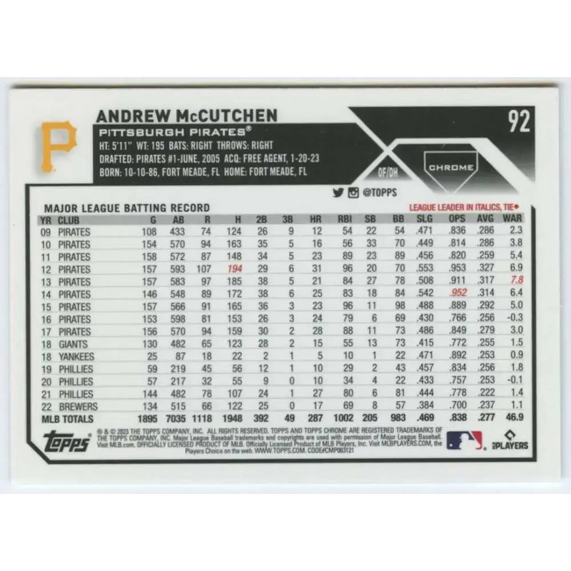 2023 Topps Chrome #92 Andrew McCutchen NM-MT Pittsburgh Pirates Baseball Card - Baseball Card Single
