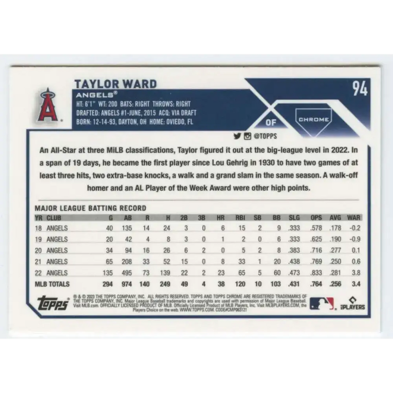 2023 Topps Chrome #94 Taylor Ward NM-MT Los Angeles Angels Baseball Card - Baseball Card Single