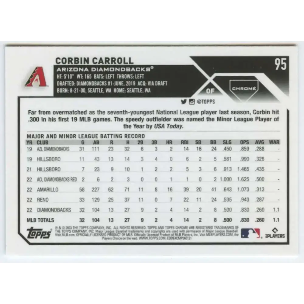 2023 Topps Chrome #95 Corbin Carroll NM-MT RC Rookie Arizona Diamondbacks Baseball Card - Baseball Card Single
